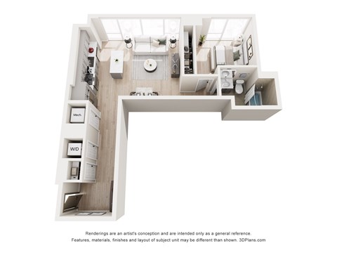 A 3D floor plan of a house with a kitchen, living room, and bathroom.